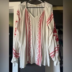 Impressions White Tunic with Red Embroidered Accents